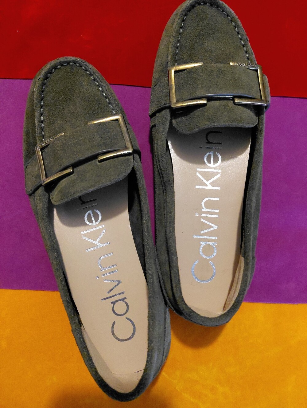 Calvin Klein Olive Suede Lydia Flats 6 1/2 M Great Conditon Gold Accents Clean